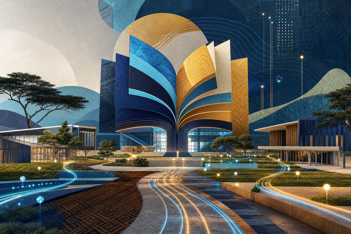 Contemporary African learning campus shaped as an open book with connected pathways
