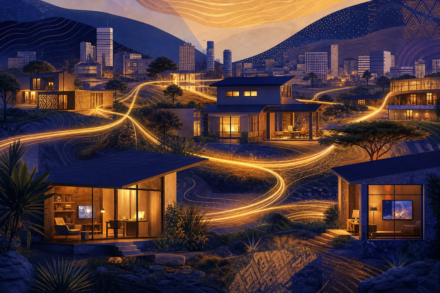 Connected Kenyan homes linked by illuminated network paths