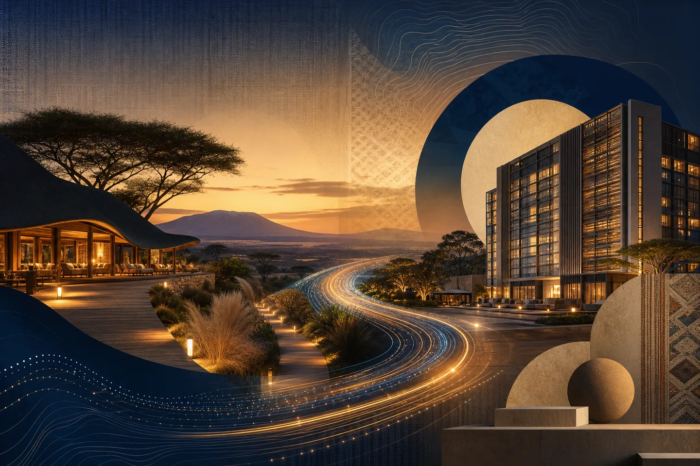 Connected East African lodge and city hospitality environments at dusk