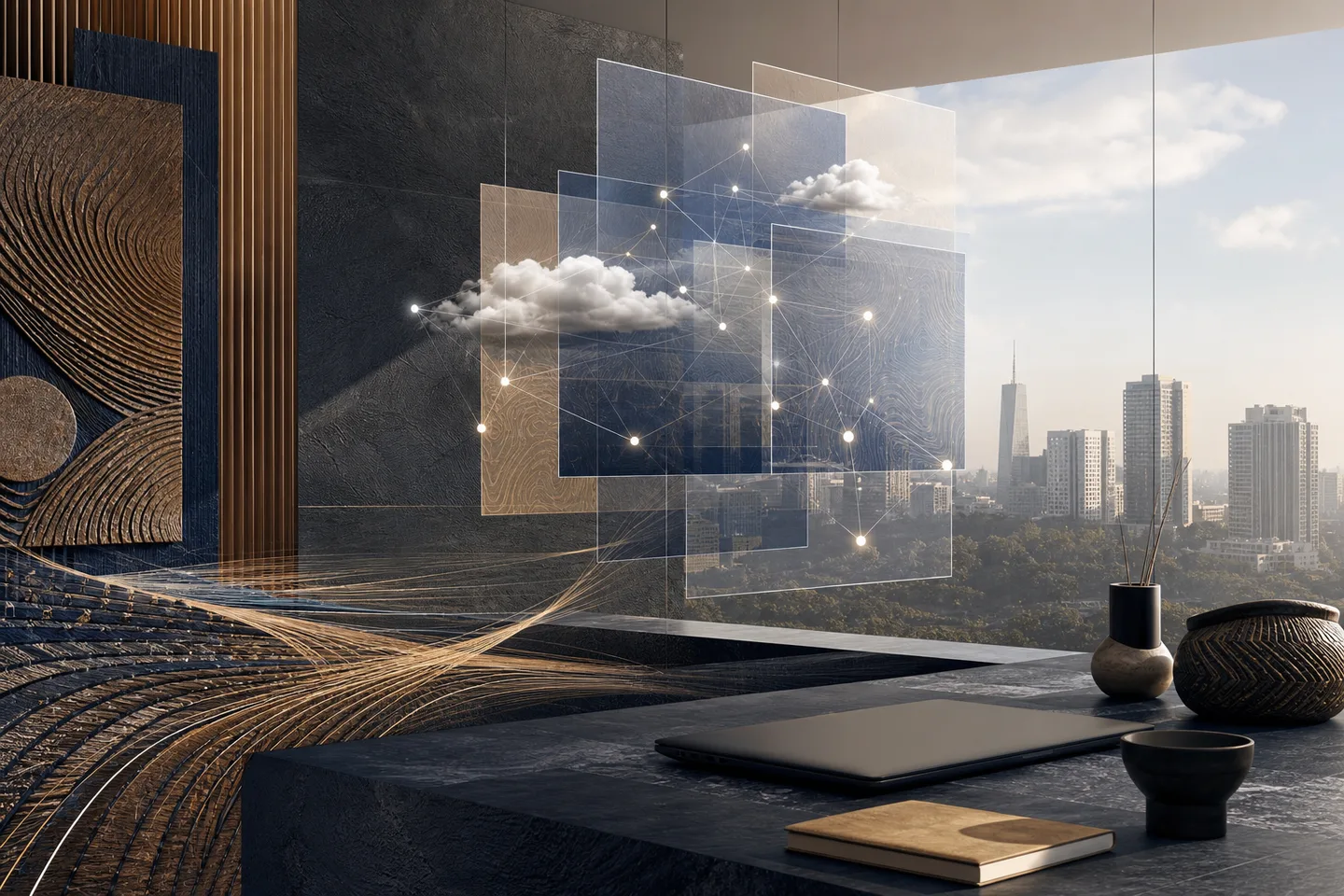 Professional workspace with secure cloud collaboration layers